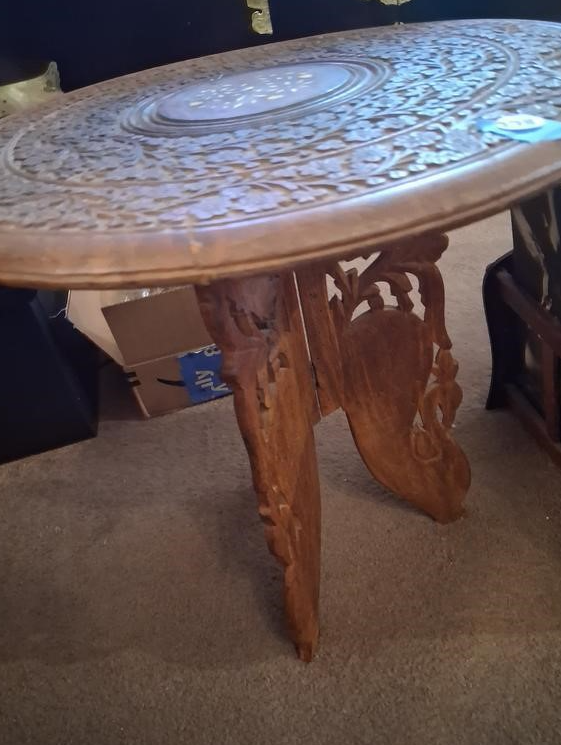 decorative hand-carved wood side table, 18x18